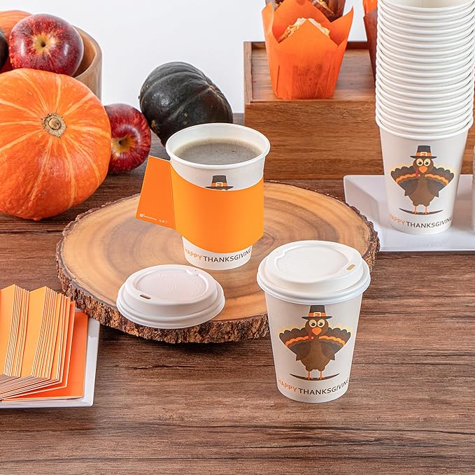 Restaurantware-Restpresso 12 Ounce Thanksgiving Party Cups, 400 Disposable Hot Cups With Plastic Lids - Turkey Design, Rolled Rim, Paper Coffee Cups, Single Wall, Serve Hot And Cold Drinks