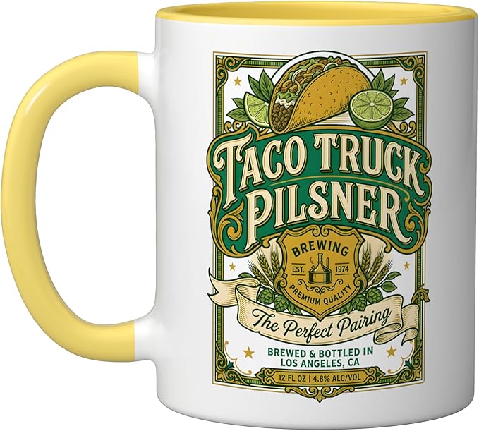 Taco Truck Pilsner Retro cerveza Funny Beer Label Ceramic Mug, Yellow/White