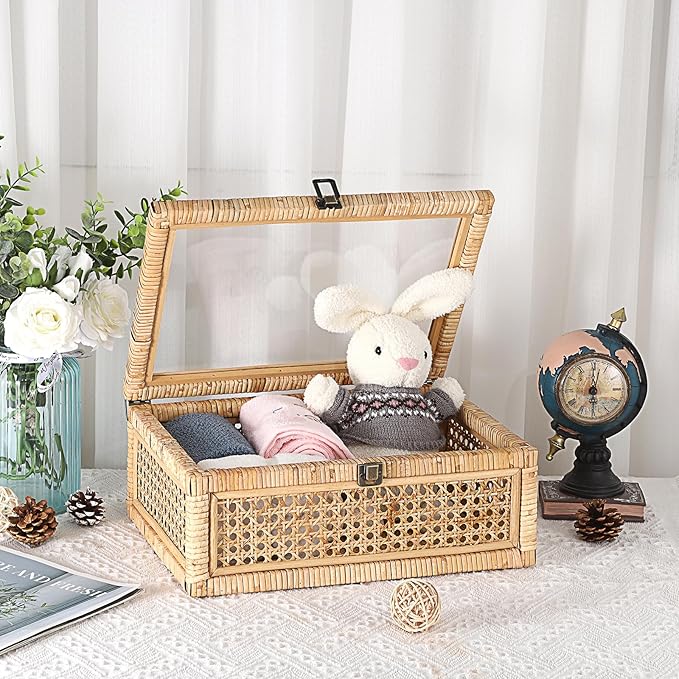 Hipiwe Vintage Decorative Box with Clear Lid Rattan and Wood Display Boxes Handcrafted Shelf Basket Bin Large Wicker Storage Basket Rectangular keepsakes Box for Bathroom Home Decor, 14x10x5.7 inch
