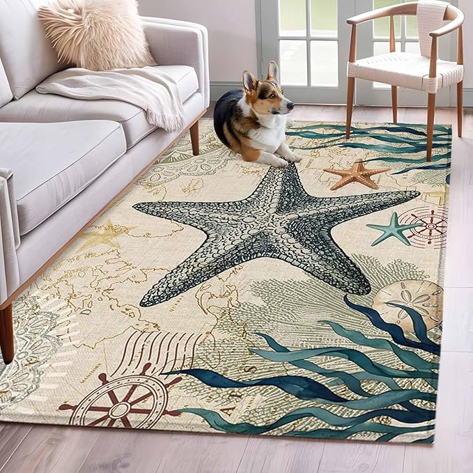 Area Rug 4x6ft, Nautical Starfish Teal Seaweed Starfish Washable Rugs for Living Room Bedroom, Marine Life Soft Non-Slip Area Rugs Rectangle Floor Carpet for Dining Room