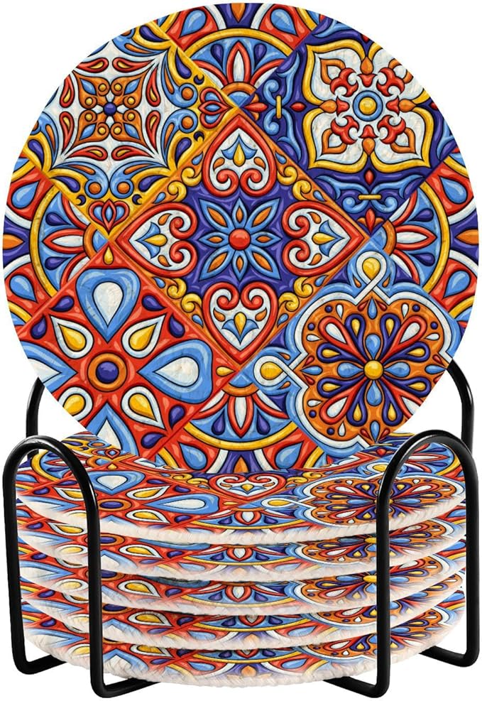 YETTASBIN Mexican Talavera 6 Pcs Drink Coasters with Holder, Cotton Woven Absorbent Heat-Resistant Round Coaster Non-Slip Table Mat for Kitchen Bar Home Decor Housewarming Gift, 3.9 in