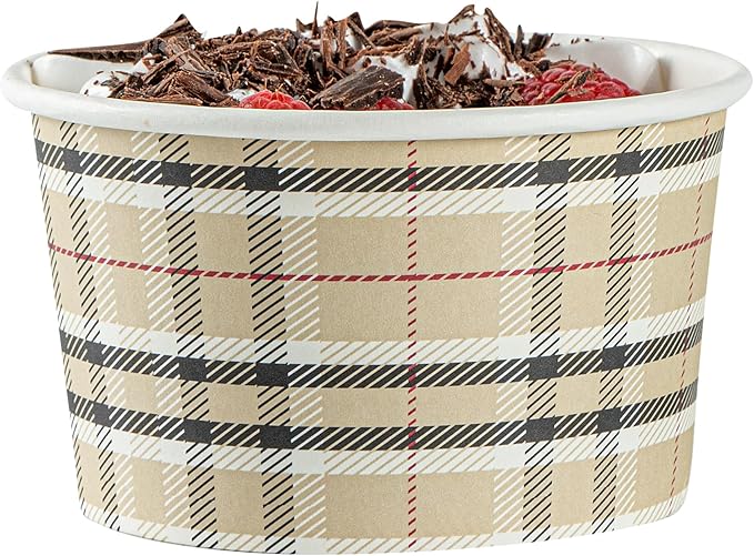 Restaurantware Coppetta 12 Ounce Dessert Cups, 200 Disposable Ice Cream Cups - Lids Sold Separately, Sturdy, Plaid Paper FroYo Bowls, For Hot And Cold Foods, Perfect For Gelato Or Mousse