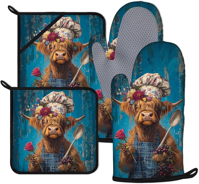 Highland Cow Chef Oven Mitts and Pot Holders Sets 4Pcs Funny Animal Silicone Kitchen Gloves Heat Resistant Potholders for Baking Cooking Grilling BBQ