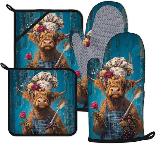Highland Cow Chef Oven Mitts and Pot Holders Sets 4Pcs Funny Animal Silicone Kitchen Gloves Heat Resistant Potholders for Baking Cooking Grilling BBQ