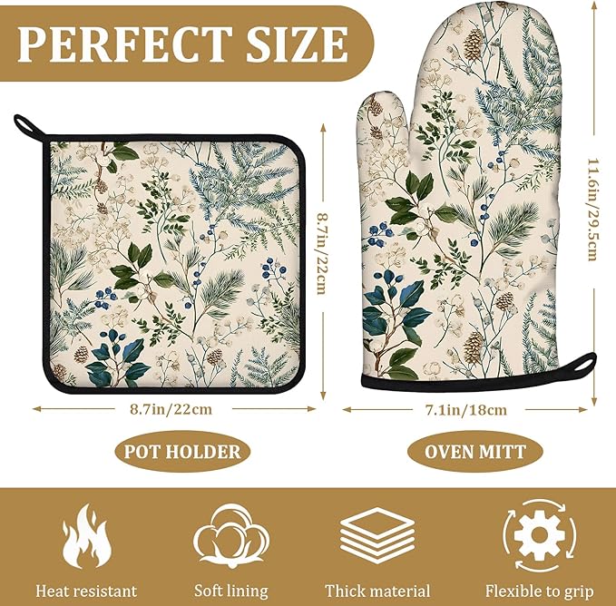 Botanical Print Oven Mitts and Pot Holders Sets 4Pcs Wildflower Herb Silicone Kitchen Gloves Heat Resistant Potholders for Baking Cooking Grilling BBQ
