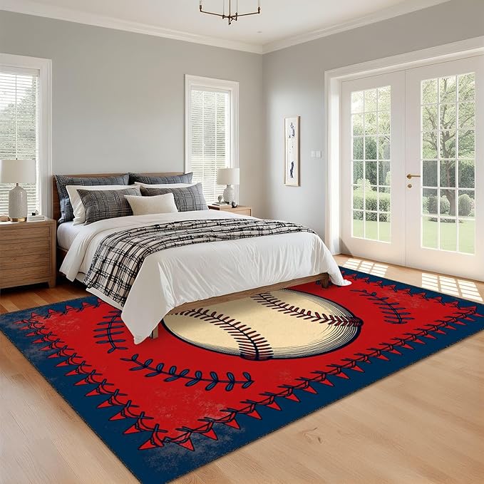 8x10 Area Rugs for Bedroom Boho Washable Man Cave Rug for Living Room Vintage Baseball Stitched Laces Red Sports Soft Rubber Backed Non-Slip Large Carpets for Boys