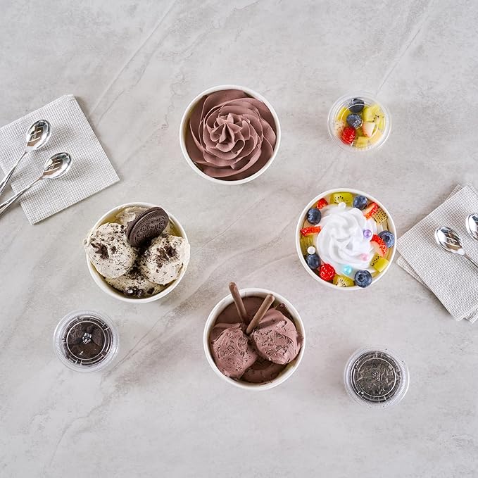 Restaurantware Paper Cups 200 Count 8 Ounce Square Disposable Ice Cream Containers, Leak-Resistant Paper Dessert To Go Cups, Hot And Cold Food, Durable Assorted Stripe Design