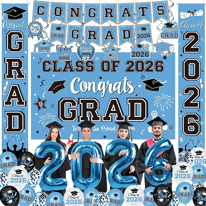 Graduation Decorations Class of 2026 Set - Sky Blue Themed Congrats Grad Banner & Backdrop, Hanging Swirls, Porch Sign, Balloons, Foil Number 2026 for High School & College Celebrations
