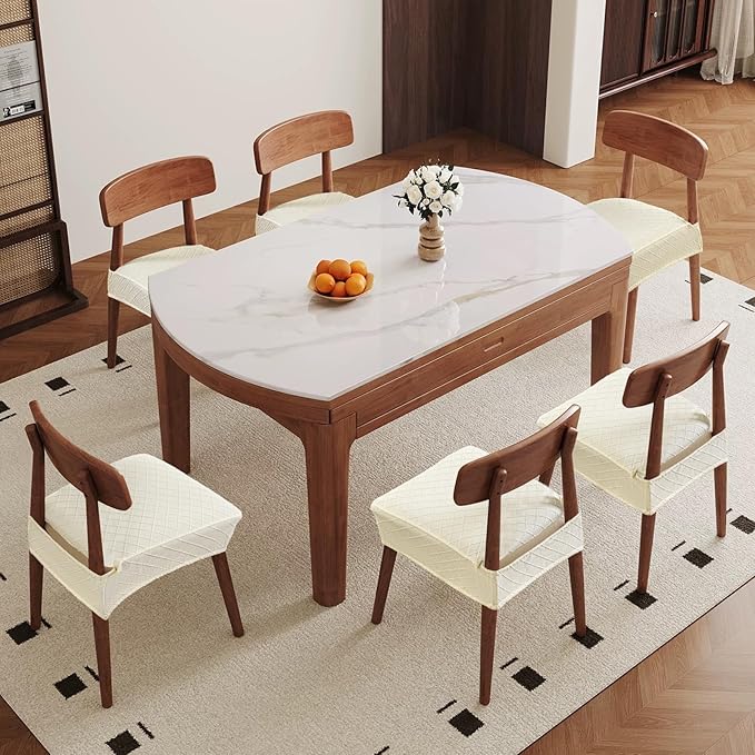 Genina Waterproof Seat Covers for Chairs,Set of 4 Dining Room Chair Seat Covers for Kitchen,Stretch Jacquard Removable Washable Dining Chair Slipcovers Protectors,No Rear Covers, Beige