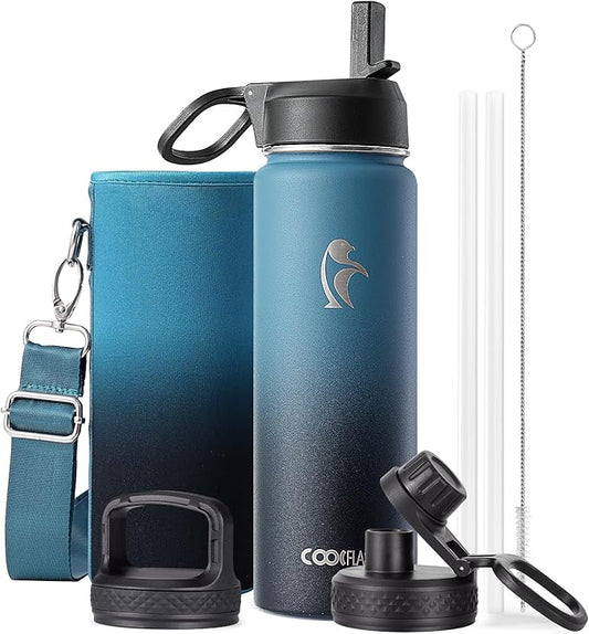 Coolflask Water Bottle 20 oz Insulated with Straw, Stainless Steel Metal 3 Lids Water Flask Wide Mouth for Sports or Office, Non-BPA Keep Cold Up to 48 Hrs or Hot Up to 24 Hrs, Samurai Cyan