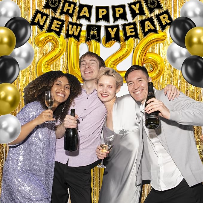 New Years Eve Party Supplies 2026 for 12, New Years Eve Party Decorations, 6 Hat, 6 Glasses, 12 blowouts, 6 Table Centerpiece, 2 Foil Fringe Curtains, 18 Balloons, Great NYE Decorations Pack