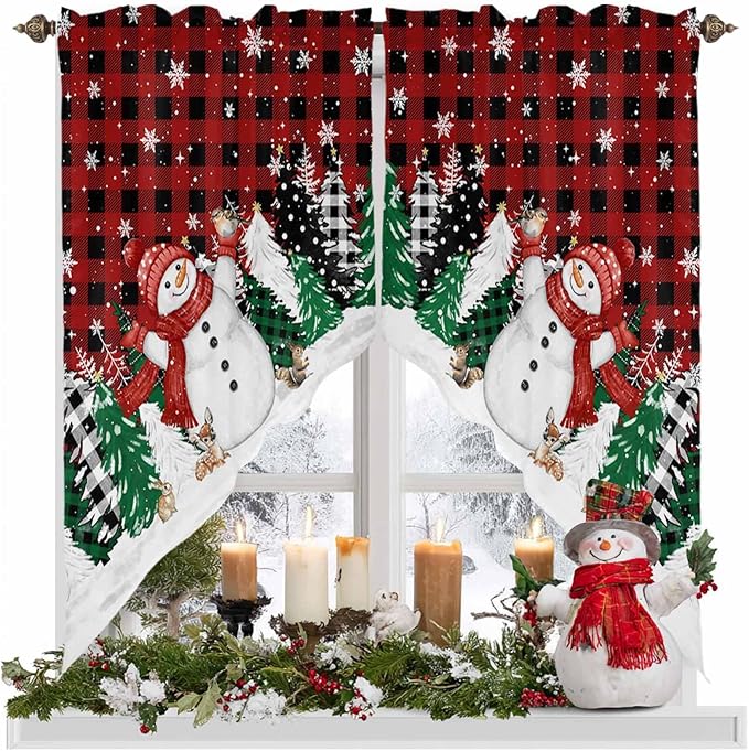 Christmas Snowman Swag Valance Curains Winter Xmas Tree Snowflakes Red Black Plaid Rod Pocket Kitchen Curtains Scalloped Window Treatment Valances Swag for Living Room Bedroom, 1 Pair, 36"W x 45"L