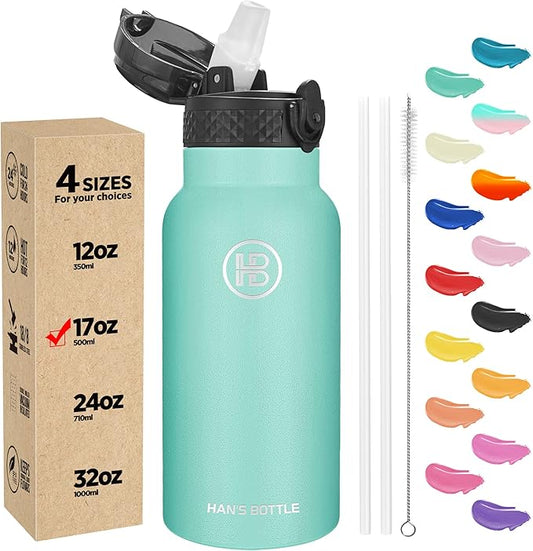 Han's Bottle Kids Water Bottle with Straw Lid - Insulated Stainless Steel Reusable Tumbler for Girls,Boys,Thermo Mug,17oz,Sky