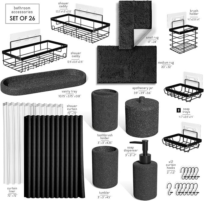 Clara Clark Coal Black Bathroom Set - Bathroom Sets with Shower Curtain and Rugs, 26PC Bathroom Accessory Set, Shower Curtain Set with Adhesive Corner Shower Caddy Hanging & Soap Dispenser