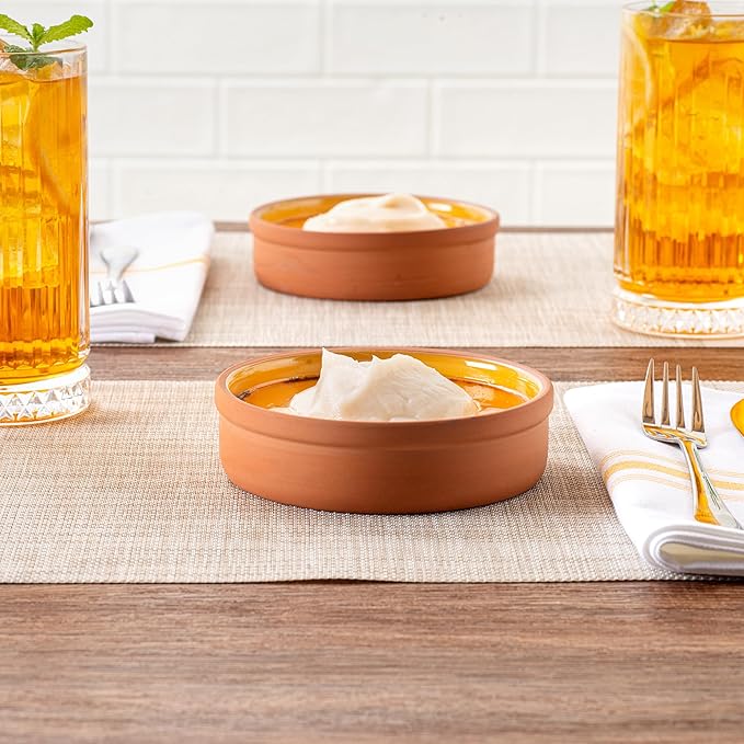 Restaurantware-Terra Tek 8.8 Ounce Terracotta Cazuelas, 2 Yellow Glazed Clay Pots For Cooking - Oven-Ready, Microwavable, Terracotta Serving Pots, Dishwashable, For Cooking And Serving