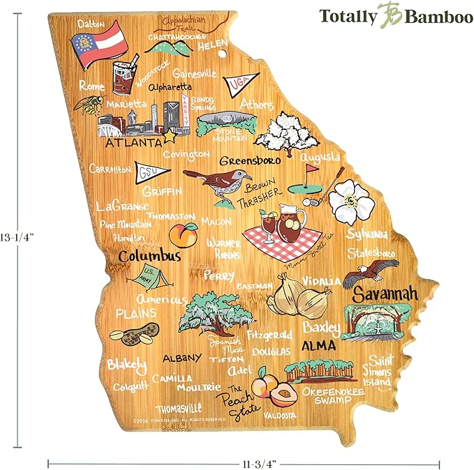 Totally Bamboo Georgia State Shaped Cutting Board and Charcuterie Serving Platter with Artwork by Fish Kiss, Includes Hang Tie for Wall Display