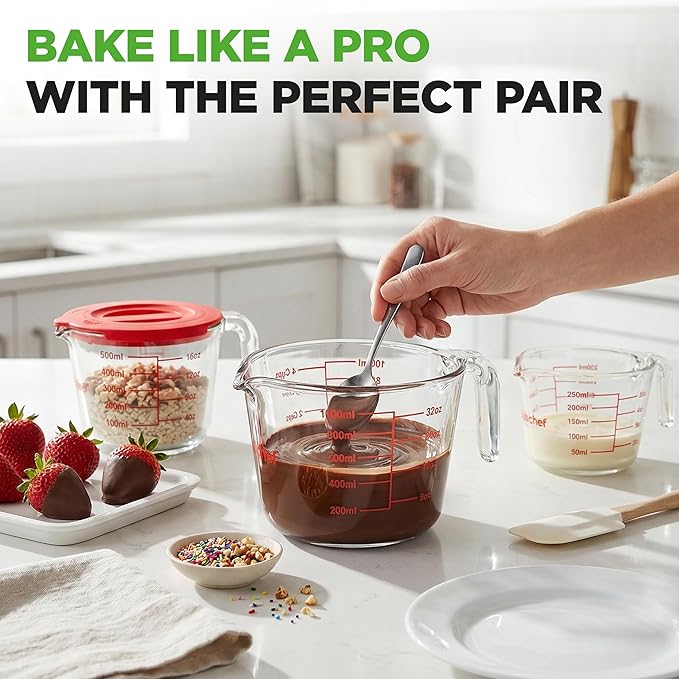 NutriChef 1,2 and 4 Cups Glass Measuring Cup Set with Lids (8, 17 and 34 oz) - Heat-Resistant Borosilicate Liquid Measure Cups with Easy-Read Scale for Cooking, Baking & Food Storage, Dishwasher Safe