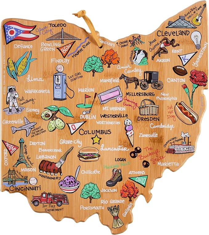 Totally Bamboo Ohio State Shaped Cutting Board and Charcuterie Serving Platter with Artwork by Fish Kiss, Includes Hang Tie for Wall Display
