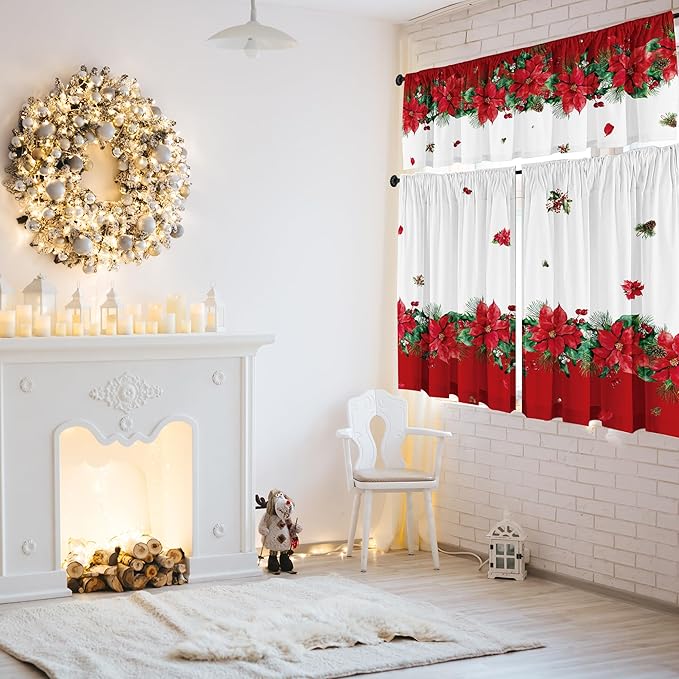Christmas Poinsettia Curtain Valances Set of 3 Panels,Red,White&Green Rod Pocket,Festive Decor for Kitchen Bedroom, Bathroom,Laundry,52x18 Inch + 2x36x26 Inch