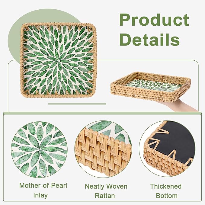 Woven Key Basket for Entryway Table Wicker Basket Tray Key Holder Decorative Serving Tray with Mother-of-Pearl Inlay for Jewelry, Green