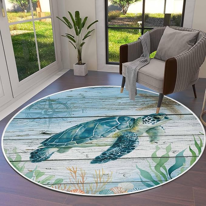 Round Area Rug,Sea Turtle Seagrass Starfish Circle Living Room Rug Non-Slip Rugs Indoor Carpet,Nautical Compass Blue Gradient Soft Comfort Rugs for Bedroom KidsRoom Nursery