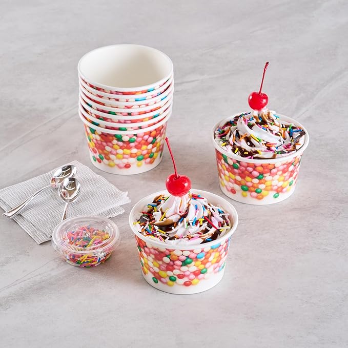 Coppetta 8 Ounce Dessert Cups, 50 Greaseproof Ice Cream Cups - Lids Sold Separately, For Hot And Cold Foods, White Paper Yogurt Bowls, Round Sprinkle Design, Disposable, Sturdy - Restaurantware