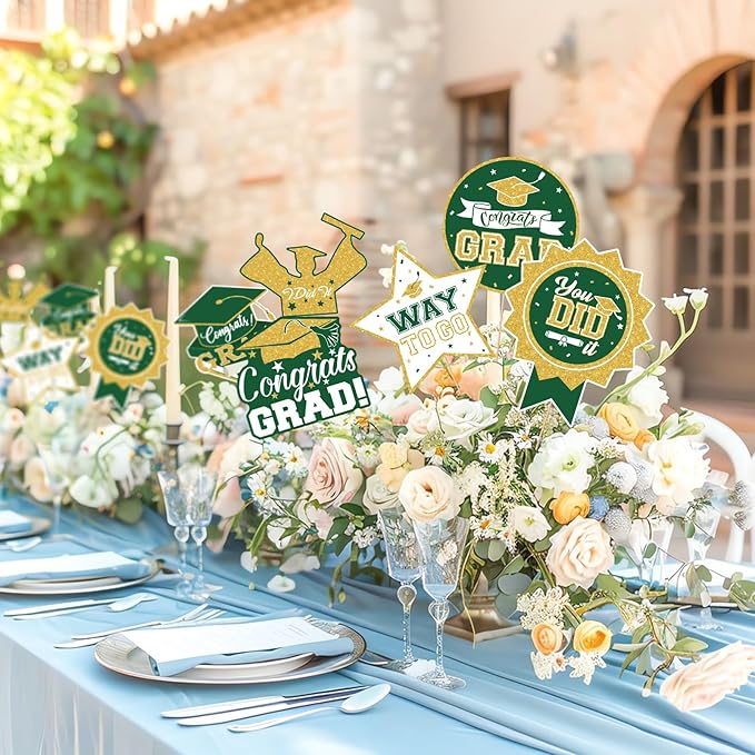 2026 Graduation Party Decorations - 24 Pcs Class of 2026 Congrats Grad Table Centerpieces Graduation Table Decorations Sticks Table Toppers for Graduation Party (Green Gold)
