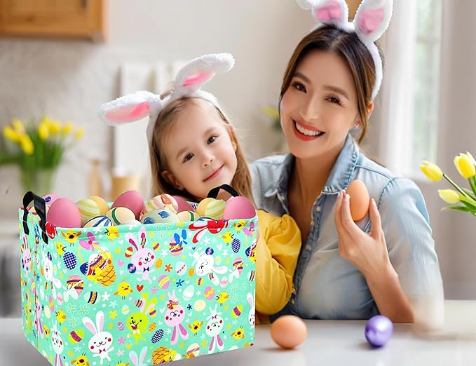 Large Rectangular Easter Baskets Empty Waterproof Boy Toy Box Foldable Kid's Gifts Storage Bin Spring Room Decor(Green Dancing Rabbit)