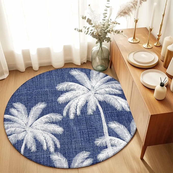 Washable Round Area Rug Coastal Palm Trees on Blue Circle Rugs Floor Carpet for Living Room Bedroom, Minimalist Tropical Leaves Soft Non Slip Round Rug 3ft