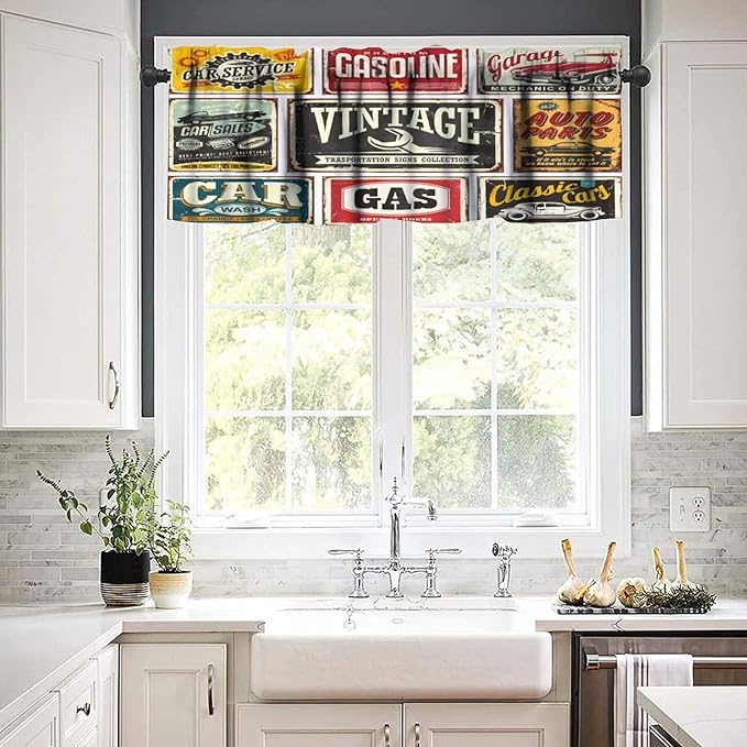 1950s Retro Valances Curtains Vintage Car Signs Automobile Advertising Repair Vehicle Garage Classics Servicing Windows Short Curtain Valance for Kitchen Bedroom with Rod Pocket 1 Panel 54X18 Inches