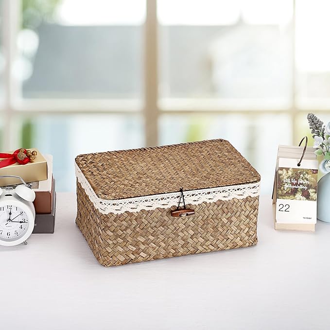 Hipiwe Wedding Card Basket Box Decorative Cards Holder with Letter Flag Handwoven Seagrass Basket Card Receiving Box for Wedding Reception, Baby Shower, Birthday Party, Graduation, Coffee Color