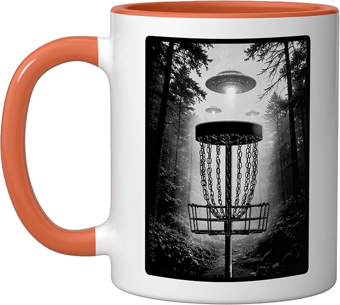 Disc Golf Basket UFO Selfie Funny Alien Wooded Hole Course Ceramic Mug, Orange/White