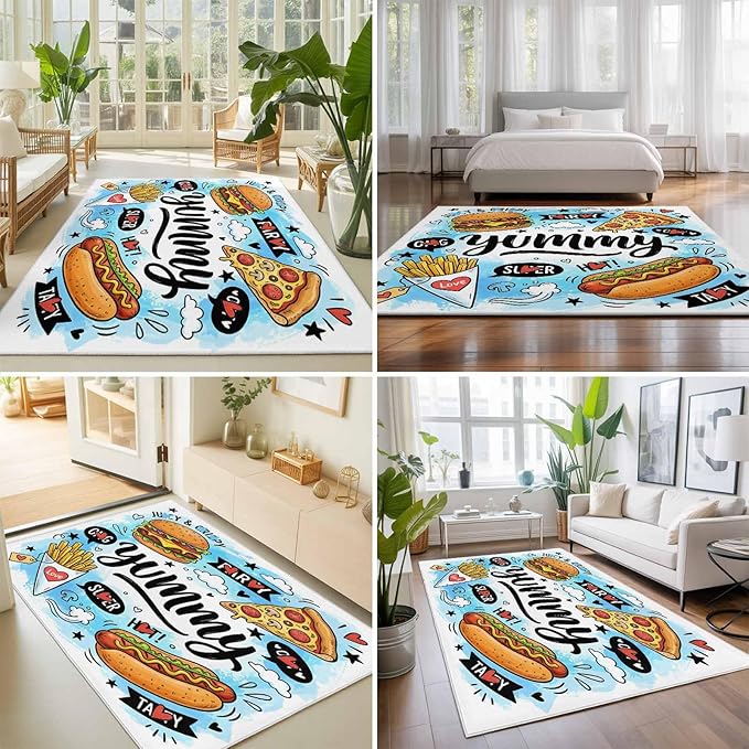 Area Rug 8x10ft, Cartoon Food Abstract Graffiti Washable Rugs for Living Room Bedroom, Blue Sky with Clouds Soft Non-Slip Area Rugs Rectangle Floor Carpet for Dining Room
