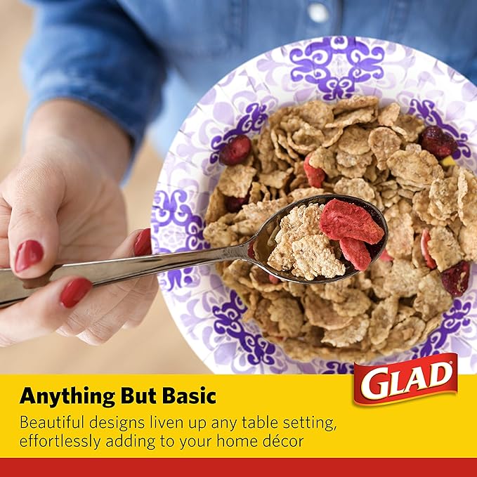 Glad Round Disposable Paper Bowls, Purple Victorian Design - Heavy Duty, Soak-Proof, Cut-Resistant, Microwavable Paper Bowls for All Foods and Daily Use, 12 oz, 20 Count