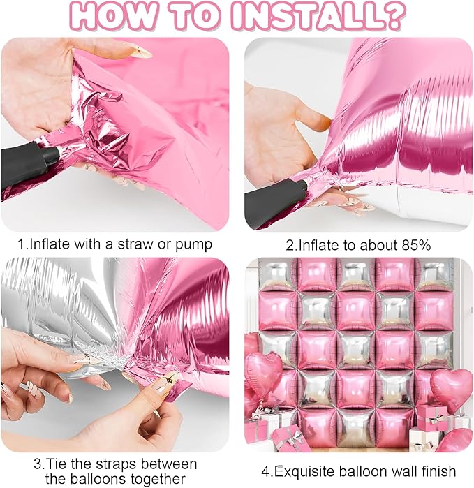Pink Silver Square Foil Balloon Wall,25Pcs Double Sided Balloons Backdrop Helium Balloon Tunnel Arch Garland Kit for Christmas Birthday Bridal Anniversary Baby Shower Party Decorations