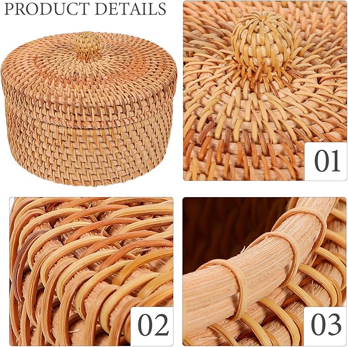 MAGICLULU Vintage Rattan Storage Box with Lid Small Round Woven Basket for Desktop Sundries Organizer Home Kitchen Storage