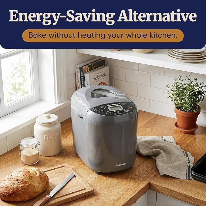 Elite Gourmet Programmable Bread Maker with PFAS-Free CERALAST™ Ceramic Pan, 2 lb Loaf, 19 Presets incl. Gluten-Free, 3 Sizes, Delay Timer, Steel Gray