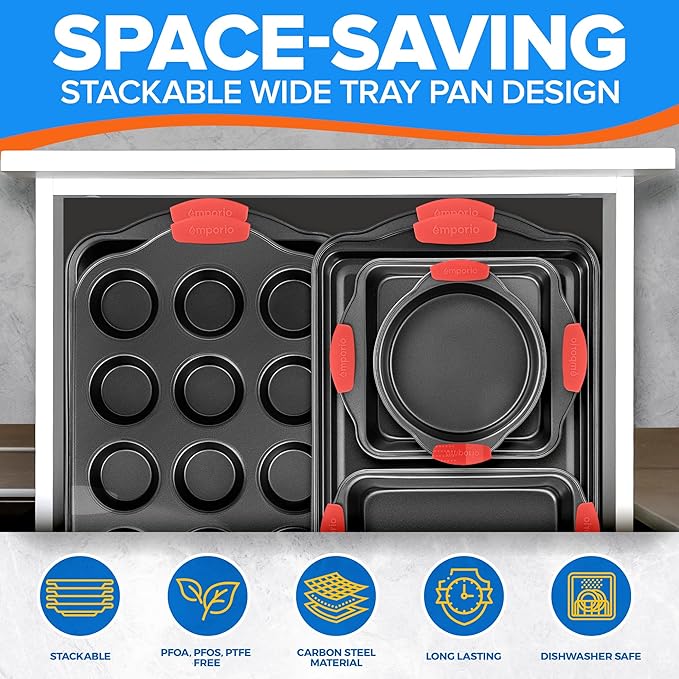 Emporio Kitchen Baking Pan Set - Nonstick Coating, Carbon Steel Bakeware Set with Red Silicone Handles, PFOA, PFOS, PTFE Free, Recipe Booklet Included, Oven Safe Tray (Up To 450° F), Set of 25 - Black
