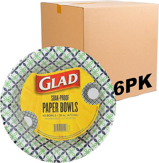 Glad Round Disposable Paper Bowls, Happy Daisies Design - Heavy Duty, Soak-Proof, Cut-Resistant, Microwavable Paper Bowls for All Foods and Daily Use, 16 oz, 40 Count - 6 Pack