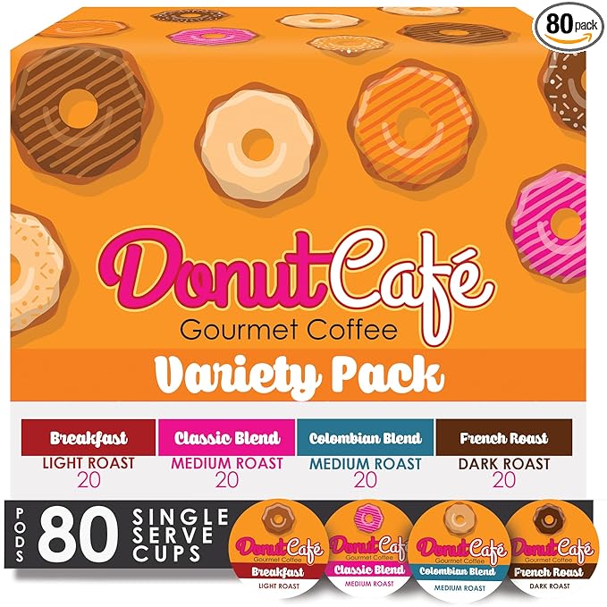 Donut Café Single Serve Coffee Pods for Keurig K Cup Brewers, Light Medium and Dark French Roast, Breakfast Classic Blend, Colombian, Variety Pack, 80 Count