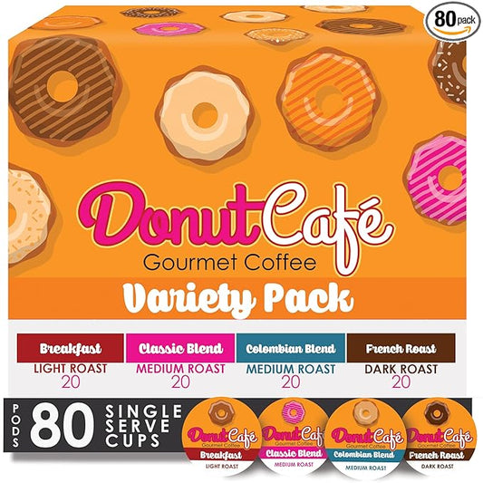 Donut Café Single Serve Coffee Pods for Keurig K Cup Brewers, Light Medium and Dark French Roast, Breakfast Classic Blend, Colombian, Variety Pack, 80 Count
