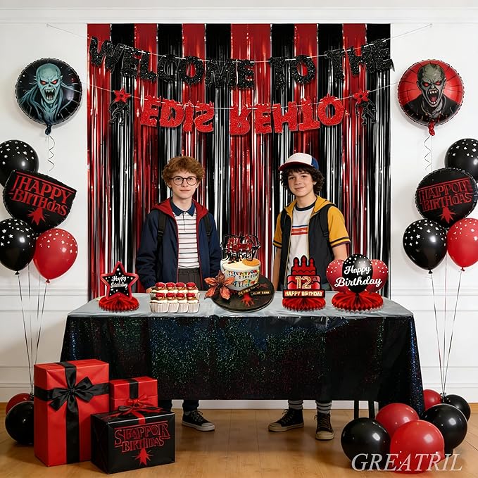 Black Red Party Streamers Backdrop - GREATRIL Foil Fringe Tinsel for Stranger/Friday Party/Halloween Party Decorations - 3.2ft X 8.2ft - 2 Packs