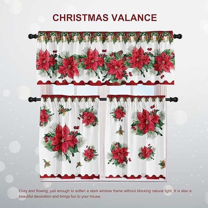 Christmas Poinsettia Curtain Valances Set, Red and Green Rod Pocket Festive Xmas Decor for Kitchen, Bedroom, Bathroom, Laundry Short Curtains 52Lx18W inch 36Lx26W inchx2, 3 Panel Set