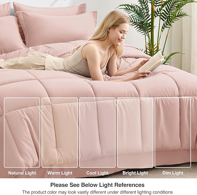 Love's cabin California King Comforter Set Blush Pink, 7 Pieces California King Bed in a Bag, All Season Bedding Sets with 1 Comforter, 1 Flat Sheet, 1 Fitted Sheet, 2 Pillowcase and 2 Pillow Sham | Soft, Breathable, Lightweight, Comfortable
