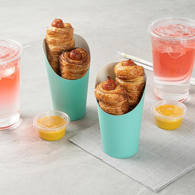 Restaurantware Bio Tek 16 Ounce French Fry Containers 100 Disposable Charcuterie Cups - Incline Design Round Turquoise Paper French Fry Cups Stackable For Waffles Chips or Popcorn