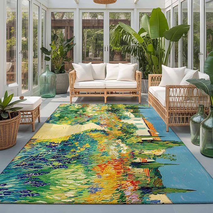 Area Rug 3x5ft, Pastoral Floral Pink Yellow Flower Green Leaves Washable Rugs for Living Room Bedroom, Farm Plants Soft Non-Slip Area Rugs Rectangle Floor Carpet for Dining Room
