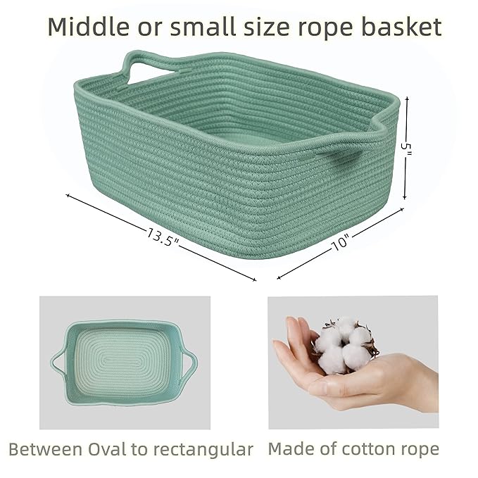 XUANGUO Woven Cotton Rope Storage Basket with Handles for Organizing Shelves Closet Small Cat Dog Pet Toy Baskets Box Bin Decorative Rectangle Baby Nursery Basket Gift Basket Empty (Light Green)