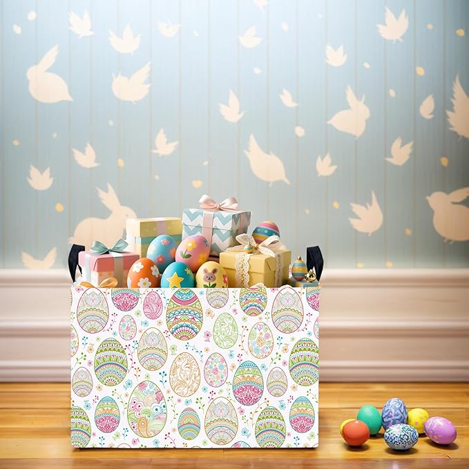 Kid Large Empty Easter Basket Gift Personalized Fabric Bunny Easter Basket for Boy and Girl Room Decor Storage Bin (Retro Easter Egg Flower)