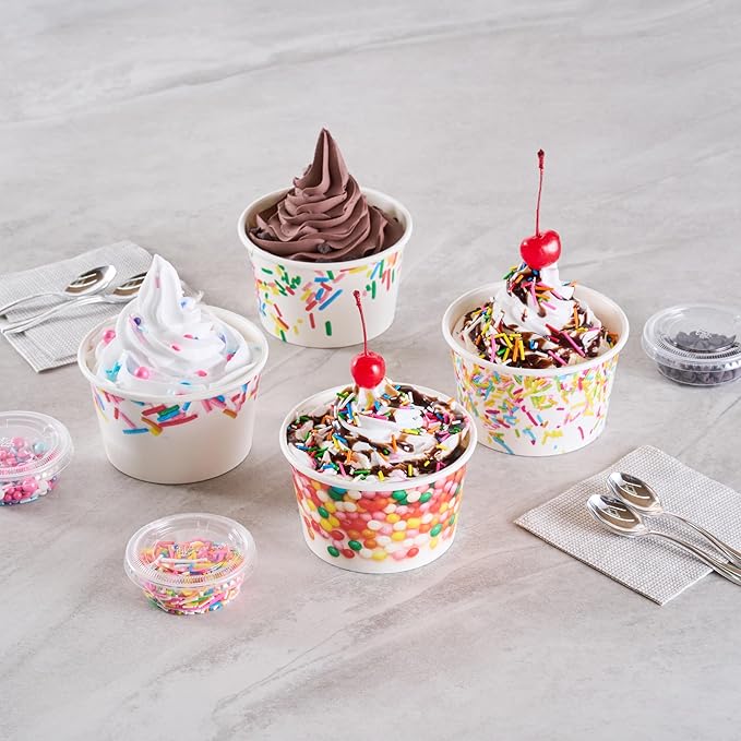 Coppetta 8 Ounce Dessert Cups, 50 Greaseproof Ice Cream Cups - Lids Sold Separately, For Hot And Cold Foods, White Paper Yogurt Bowls, Round Sprinkle Design, Disposable, Sturdy - Restaurantware