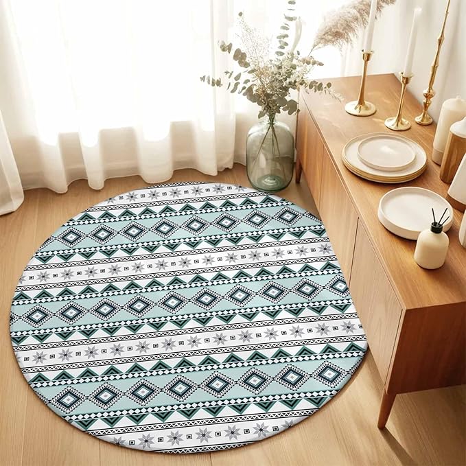 Washable Round Area Rug Boho Diamond Pattern Circle Rugs Floor Carpet for Living Room Bedroom, Ethnic Style Blue Strips Soft Non Slip Round Rug 3ft